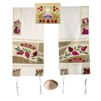 Yair Emanuel Embroidered Raw Silk Tallit Set - Pomegranates in Gold 17" x 75"