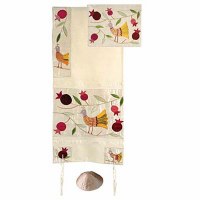Yair Emanuel Embroidered Raw Silk Tallit Set - Birds Gold 17" x 75"
