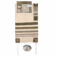 Yair Emanuel Raw Silk Tallit Set with Stripes - Grey on White 21" x 77"