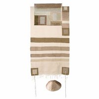 Yair Emanuel Raw Silk Tallit Set with Stripes - Gold 21" x 77"