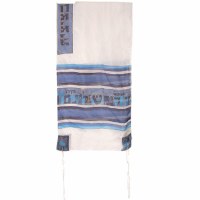 Yair Emanuel Handpainted Silk Tallit Jerusalem Scene White and Blue 21" x 77"