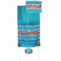 Yair Emanuel Handpainted Silk Tallit - Turquoise Jerusalem 21" x 77"