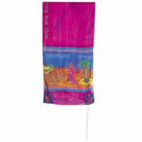Yair Emanuel Handpainted Silk Tallit - Miriam and Debora Maroon 21" x 77"
