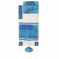 Yair Emanuel Handpainted Silk Tallit - Jerusalem Gate White and Blue 21" x 77"