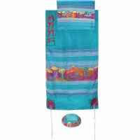 Yair Emanuel Handpainted Silk Tallit - Turquoise Jerusalem Dove 21" x 77"