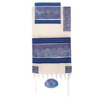 Yair Emanuel Cotton and Silk Tallit Set - The Twelve Tribes in Blue 21" x 77"