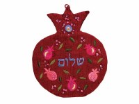 Yair Emanuel Embroidered Wall Decoration - Shalom in Hebrew Red Pomegranate