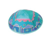 Yair Emanuel Silk Painted Kippah - Shaded Turquoise Jerusalem
