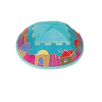 Yair Emanuel Silk Painted Kippah - Turquoise Jerusalem