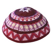 Yair Emanuel Embroidered Kippah - Magenta Geometical Shapes