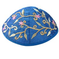 Yair Emanuel Blue Embroidered Kippah - Flowers