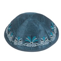 Yair Emanuel Blue Embroidered Kippah - Flowers