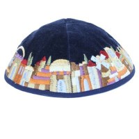 Yair Emanuel Blue Velvet Kippah - Jerusalem Colored