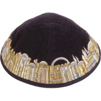 Yair Emanuel Black Velvet Embroidered Kippah with Jerusalem in Gold
