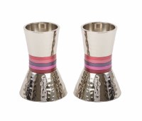 Yair Emanuel Candlesticks Hammered Metal Designed with Red Rings 4"