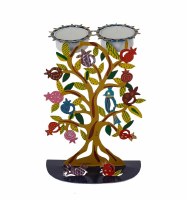 Candlesticks Metal Laser Painted Pomegranate and Bird Motif Designed by Yair Emanuel
