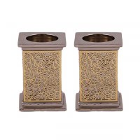 Yair Emanuel Square Candlesticks Silver Colored with Brass Exquisite Metal Cutout