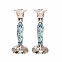 Yair Emanuel Hammered Stainless Steel Candlesticks Diamond Design Blue 6.5"
