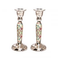 Yair Emanuel Hammered Stainless Steel Candlesticks Diamond Design Multicolor 6.5"