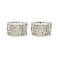 Yair Emanuel Glass Tealight Holder 2 Piece Set Metal Laser Cut Jerusalem Design Silver 2" x 1"