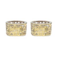 Yair Emanuel Glass Tealight Holder 2 Piece Set Brass Laser Cut Jerusalem Design Gold 2" x 1"
