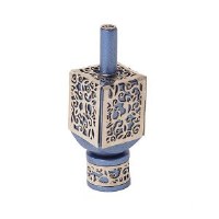 Decorative Dreidel on Base Blue Anodized Aluminum with Silver Colored Metal Cutout Floral Design Size Large by Yair Emanuel