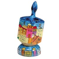 Yair Emanuel Dreidel with Stand Painted Jerusalem Scene Large - Nun, Gimmel, Hey & Shin