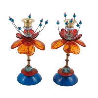 Yair Emanuel Candlesticks Beaded Green and Red Blooming Flowers Design
