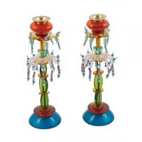 Yair Emanuel Candlesticks Tall Beaded Rows of Turquoise, Orange, Green