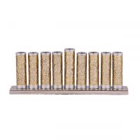 Candle Menorah Silver Colored Aluminum Cylinders with Exquisite Brass Metal Cutouts by Yair Emanuel