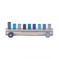 Candle Menorah Hammered and Anodized Train Shape Blue by Yair Emanuel