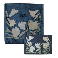 Yair Emanuel Raw Silk Matzah Cover and Afikoman Bag Set - Lilies on Blue