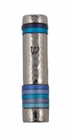 Yair Emanuel Mezuzah Case Hammered Metal Designed with Blue Rings 12cm