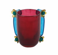 Washing Cup Polyresin Maroon Base and Blue Handles Accented with Flowers Designed by Yair Emanuel