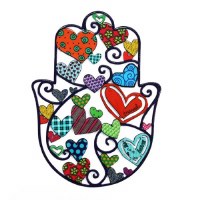 Yair Emanuel Metal Hamsa Enamel Lacquer Hearts Design Medium 6.5"