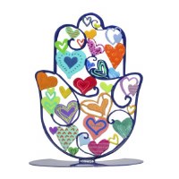 Yair Emanuel Standing Hamsa Large Size Hand Painted Colorful Hearts Design 7"