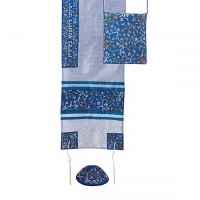 Yair Emanuel Machine Embroidered Tallit Set Flowers Strip Light Blue Design