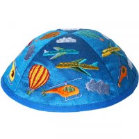 Yair Emanuel Embroidered Kids Kippah Blue with Multi Colored Air Transport