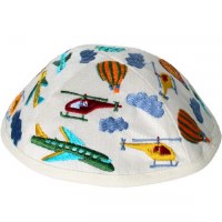 Yair Emanuel Embroidered Kids Kippah White with Multi Colored Air Transport