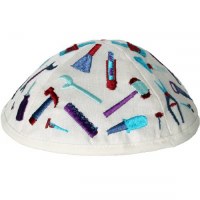 Yair Emanuel Embroidered Kids Kippah White with Tools