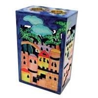 Yair Emanuel Hand Painted Wooden Cutout Candlesticks with Jerusalem Design