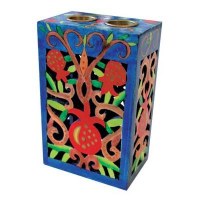 Yair Emanuel Hand Painted Wooden Cutout Candlesticks with Pomegranate Design