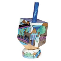 Yair Emanuel Painted Dreidel Wood with Stand Small Jerusalem View Design