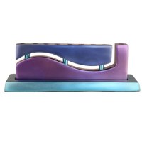 Yair Emanuel Judaica Aluminum Cast Candle Menorah Wave Blue & Purple