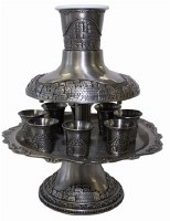 Kiddush Wine Fountain with 8 Cups Pewter Etched with Jerusalem Scene Design