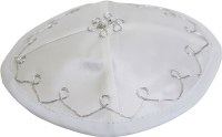 Bris Yarmulka with Strings White Satin Designed with Silver