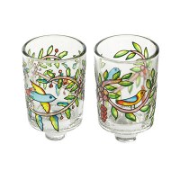 Yair Emanuel Flying Birds and Branches Painted Glass Candle Holder Pair