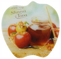 Honey Dish Glass Apple Shape Printed with Golden Apple and Honey Jar Design