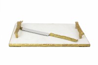 Challah Board White Marble with Gold Crumbled Handles and Knife