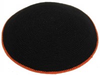 Black with Orange Border Fine Knitted Kippah Serugah 17cm